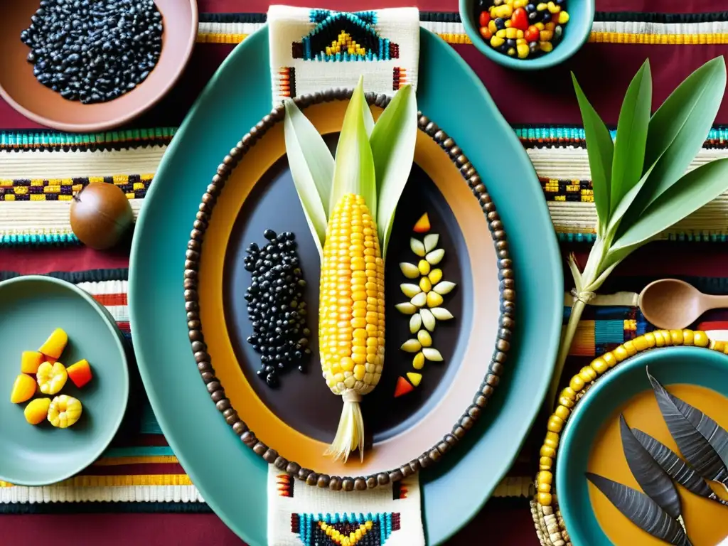 Una mesa de festín nativo americano con platos de barro, manteles bordados y muñecas de maíz