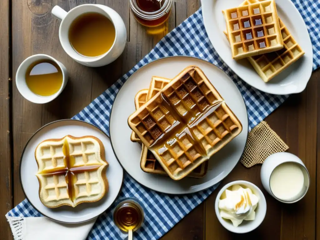 Una mesa rústica con patrones cuadriculados en la cocina, decorada con exquisitos waffles y panes artesanales, bañados por luz cálida