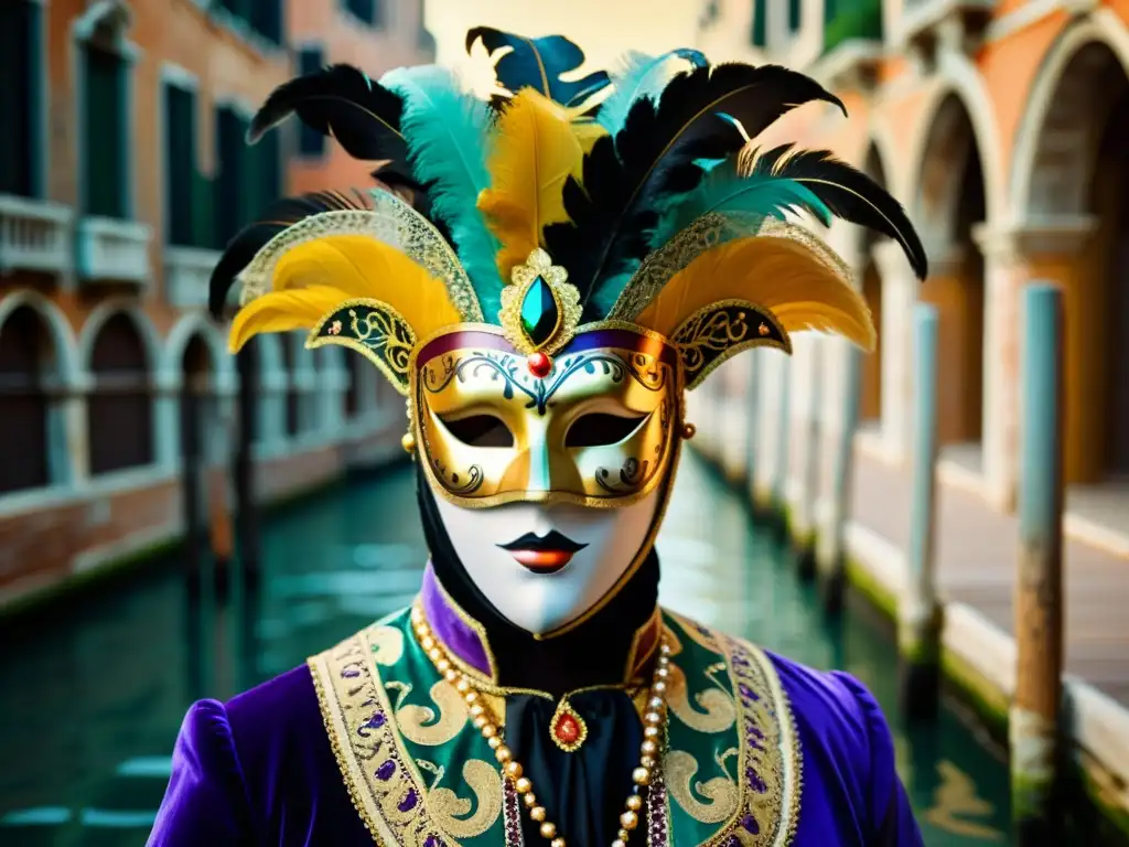 Un misterioso y elegante enmascarado en un impresionante traje ante los canales de Venecia