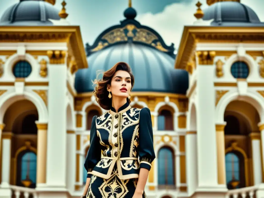 Modelo viste atuendo moderno con influencia de patrones históricos frente a majestuoso edificio