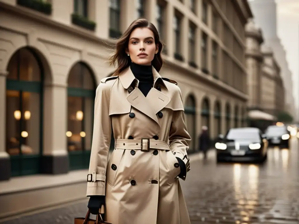 Una modelo viste un clásico trench coat Burberry, con patrones artísticos en publicidad global, en una bulliciosa calle de la ciudad