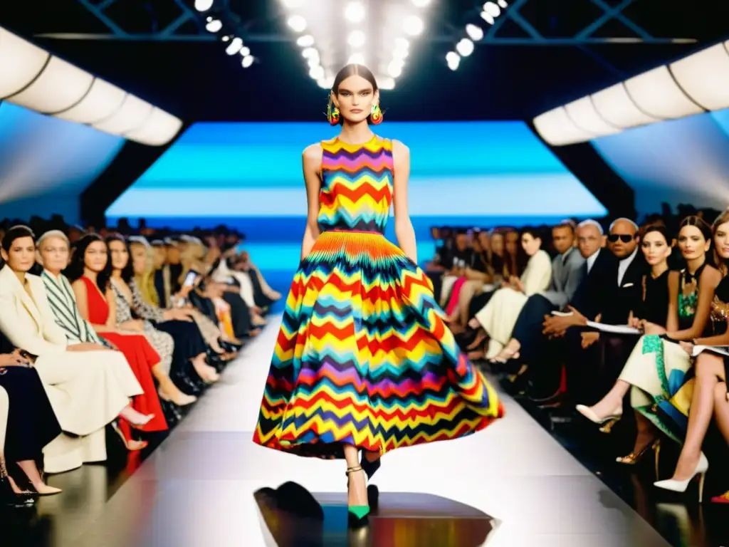 Una modelo desfila con confianza en un vibrante vestido de patrones multicolores