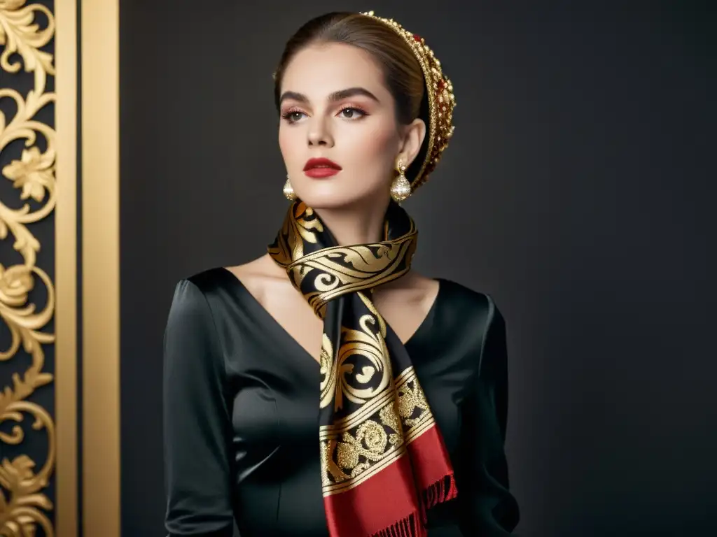 Modelo con elegante bufanda de influencia barroca en luz suave, reflejo de la influencia de patrones históricos en la moda actual