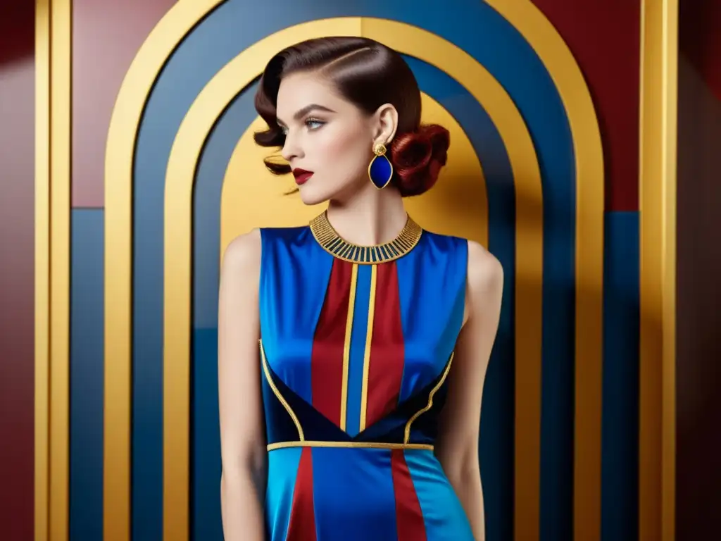 Modelo viste un llamativo vestido de patrones artísticos moda lujo, evocando la elegancia del Art Deco y glamour de los años 20