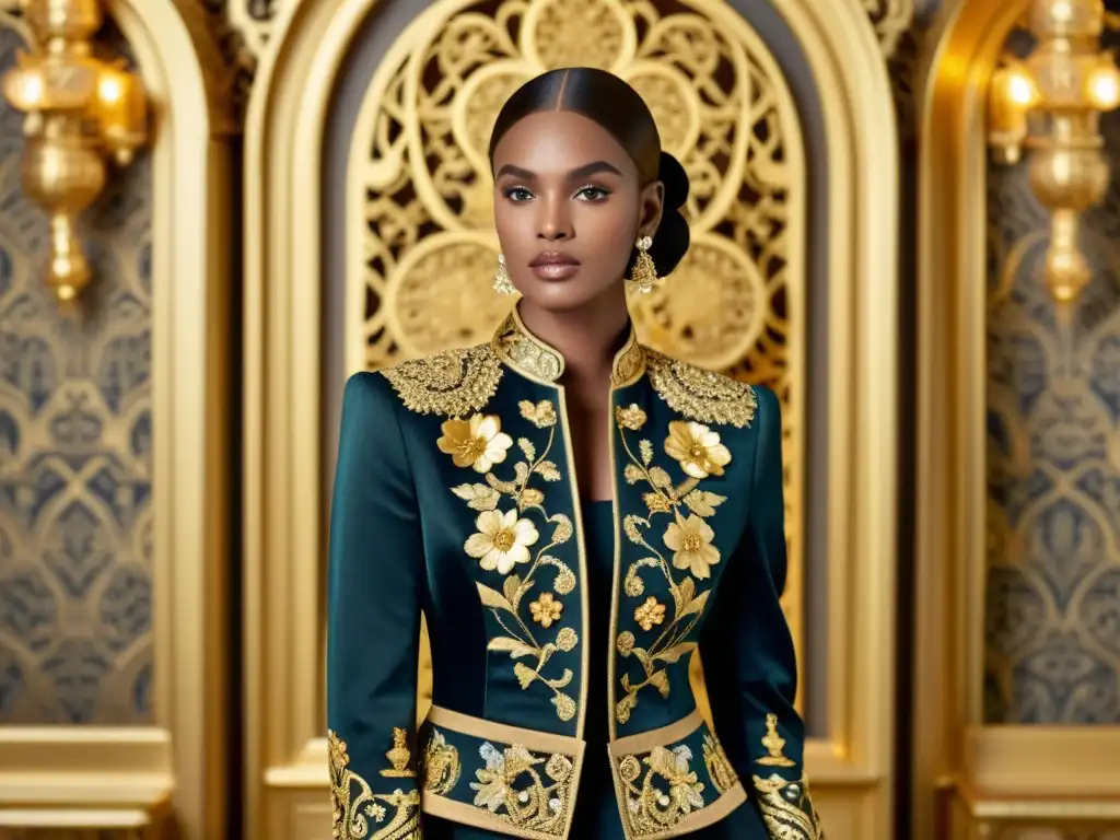 Una modelo luce un outfit moderno con patrones e influencia barroca, enmarcada por elementos vintage