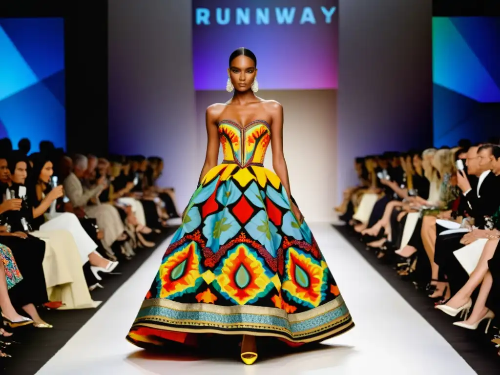 Modelo deslumbra con patrones multicolor en alta costura en desfile vintage