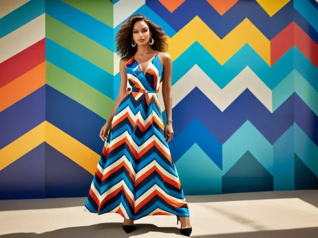 Una modelo luce un vestido de patrón chevron, destacando su elegancia y el juego de luces y sombras