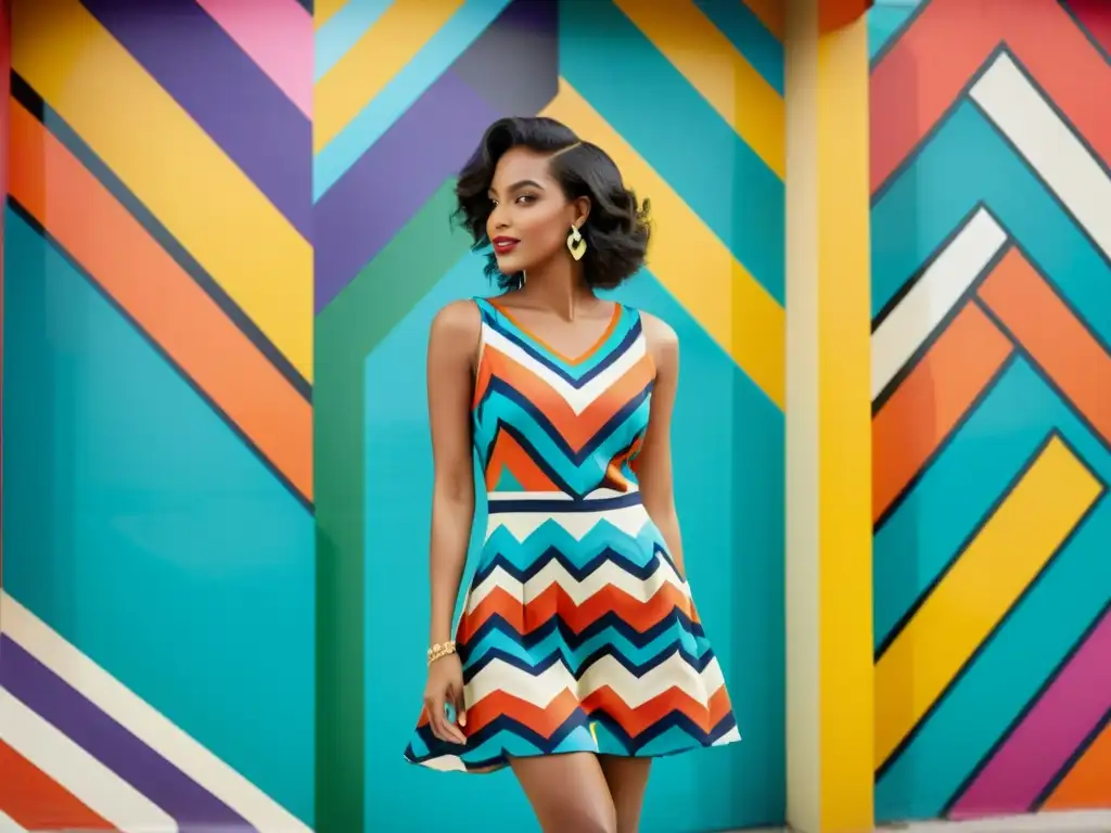 Una modelo vistiendo un vestido de patrones chevron frente a un mural de arte colorido, evocando moda artística y celebración