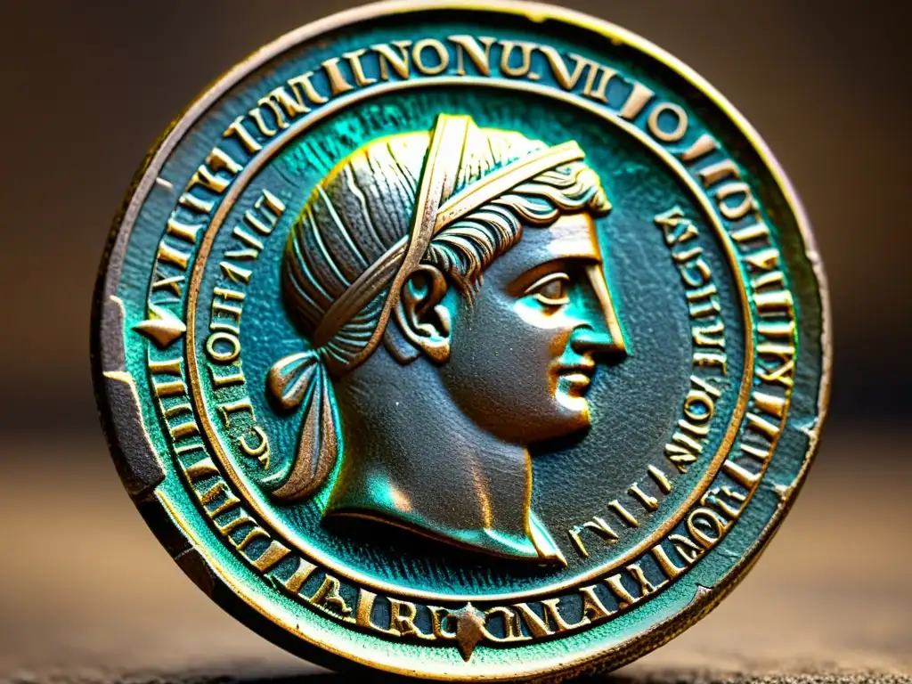 Detalles de moneda romana antigua: artesanía y símbolos Una moneda romana antigua con intrincados patrones y símbolos, iluminada por luz cálida, evocando su significado histórico