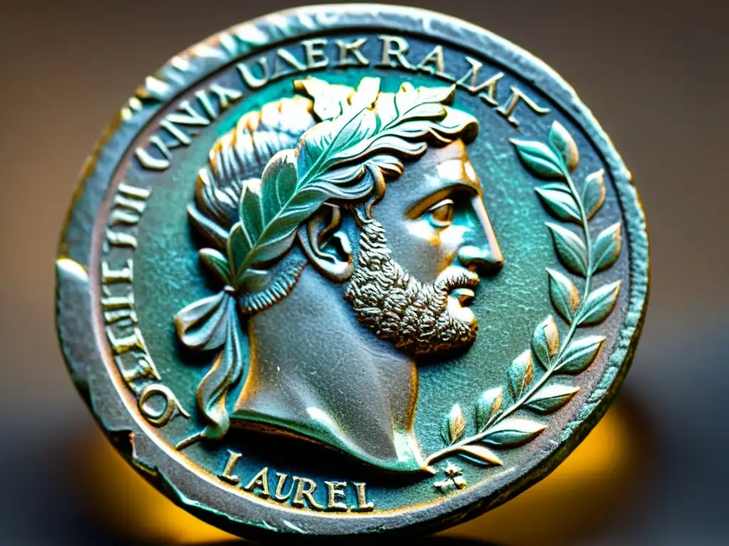 Moneda romana antigua: Elegancia atemporal y significado cultural Una moneda romana antigua con patina envejecida, enfoque en laurel y perfil del emperador