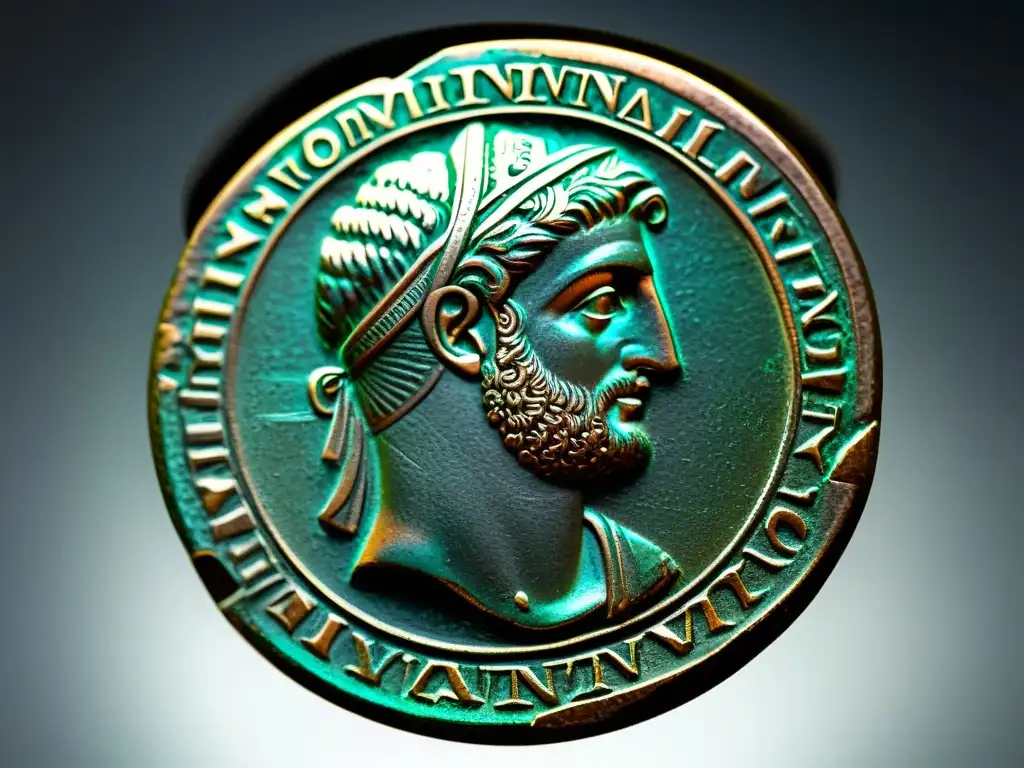 Moneda romana antigua en 8k: patrón y simbolismo Una moneda romana antigua en 8k, con patina que revela su significado histórico y cultural a través de sus intrincados patrones y símbolos