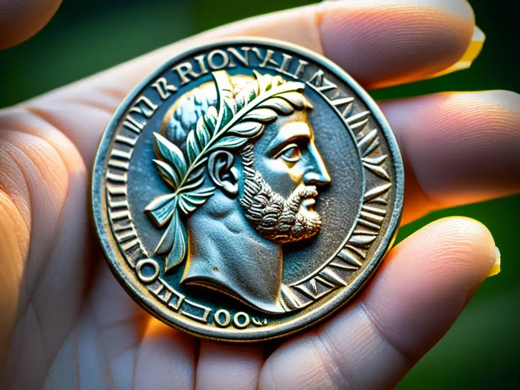 Detalles de una antigua moneda romana: historia y arte Una moneda romana antigua con patrones e símbolos intrincados, sostenida entre dedos enguantados