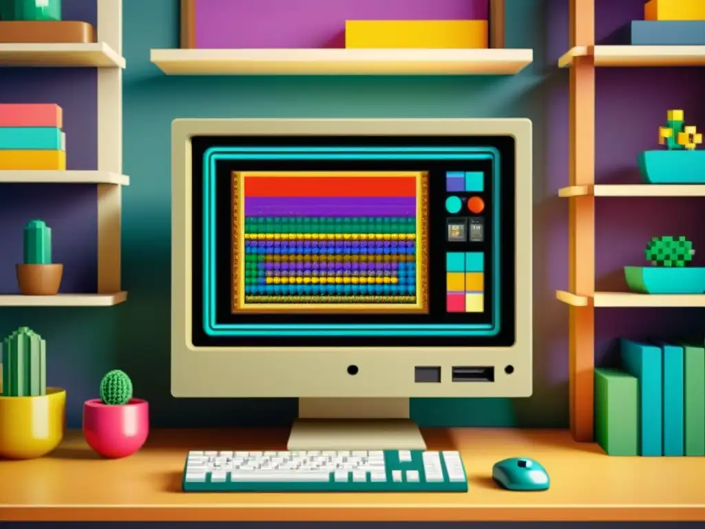 Monitor vintage muestra patrón pixel art, ambiente creativo con herramientas digitales