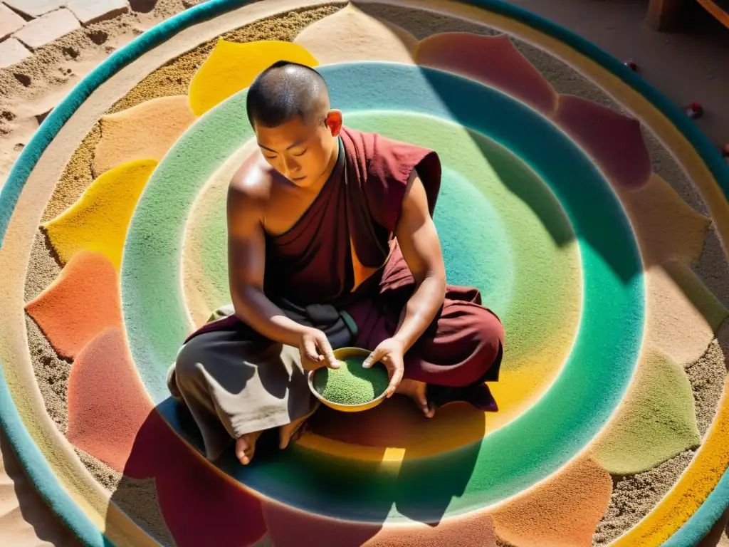 Un monje tibetano crea un mandala de arena con concentración serena, evocando el significado espiritual y artístico de la práctica