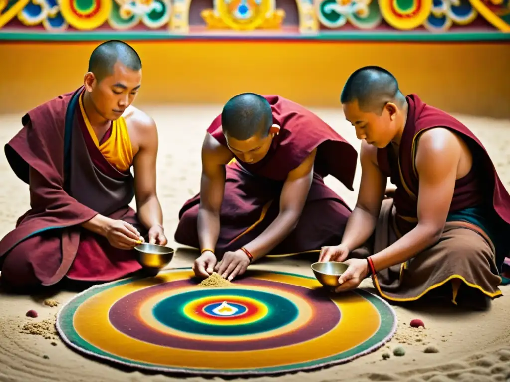 Monjes tibetanos crean mandala de arena con meticulosidad en un templo tenue