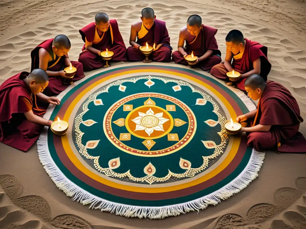 Monjes tibetanos crean mandala de arena con patrones intrincados en templo tradicional