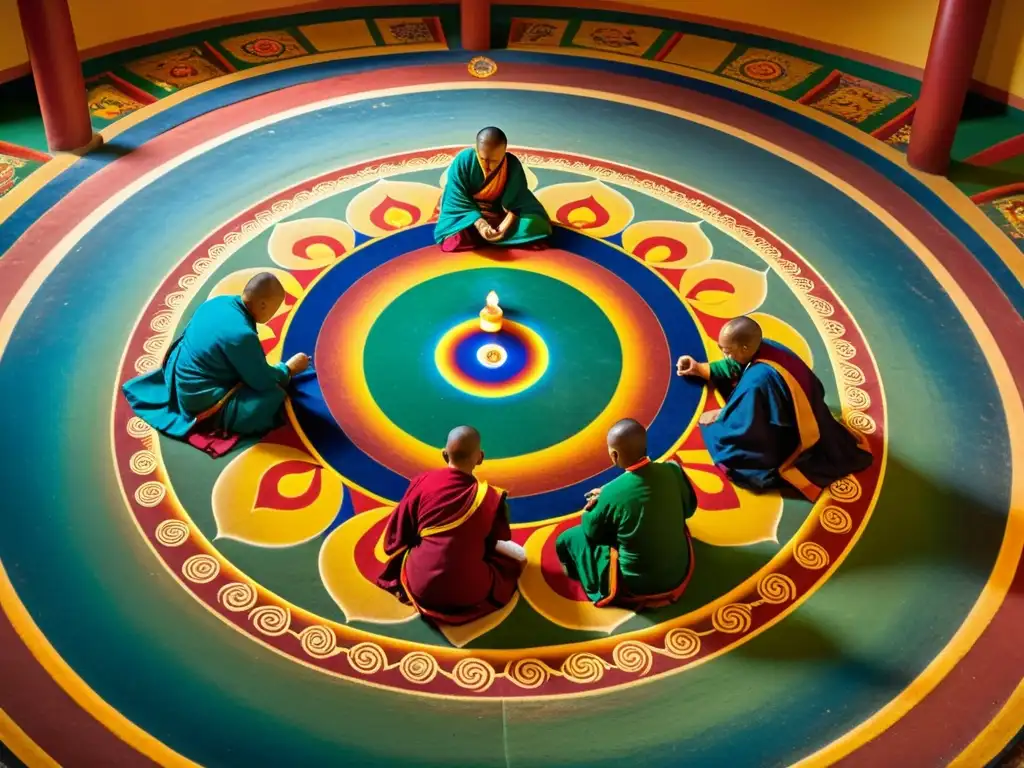 Monjes tibetanos crean un elaborado mandala de arena con patrones vibrantes y colores cálidos en un templo sereno