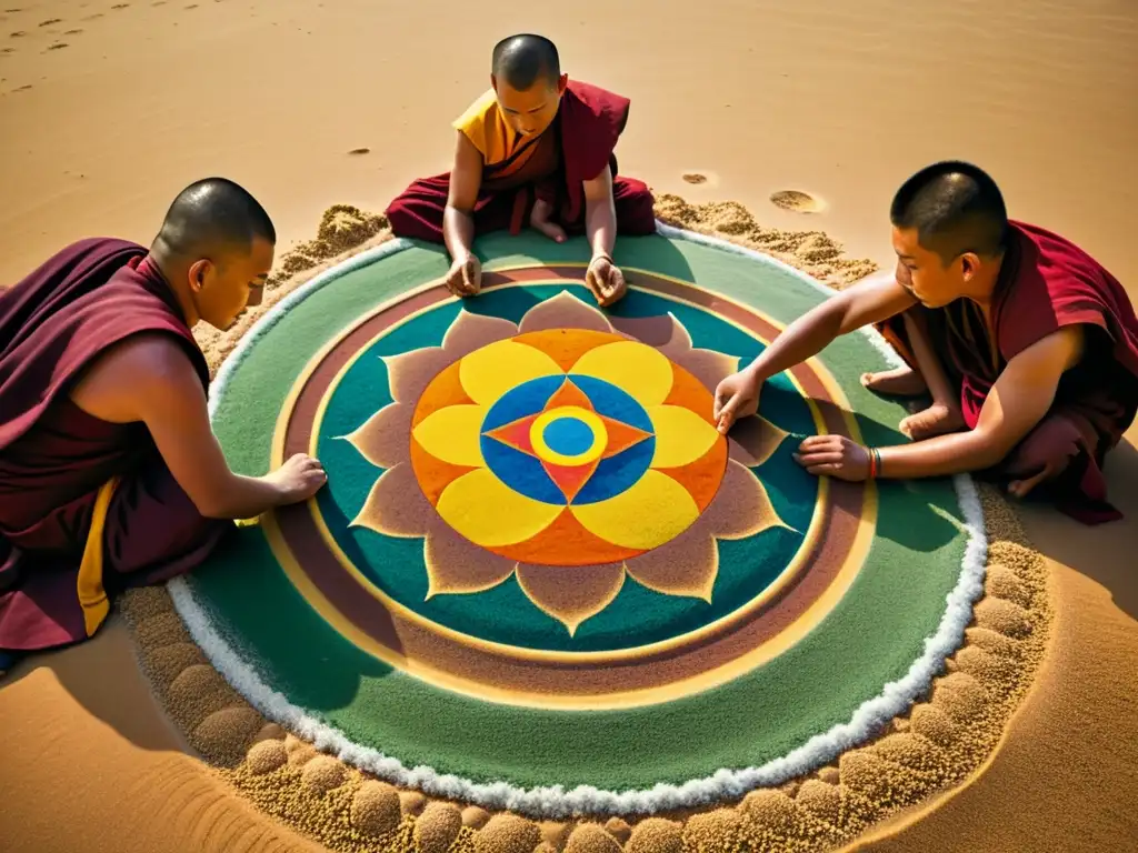 Monjes tibetanos crean un mandala de arena con concentración intensa, evocando arte tibetano de patrones en arena