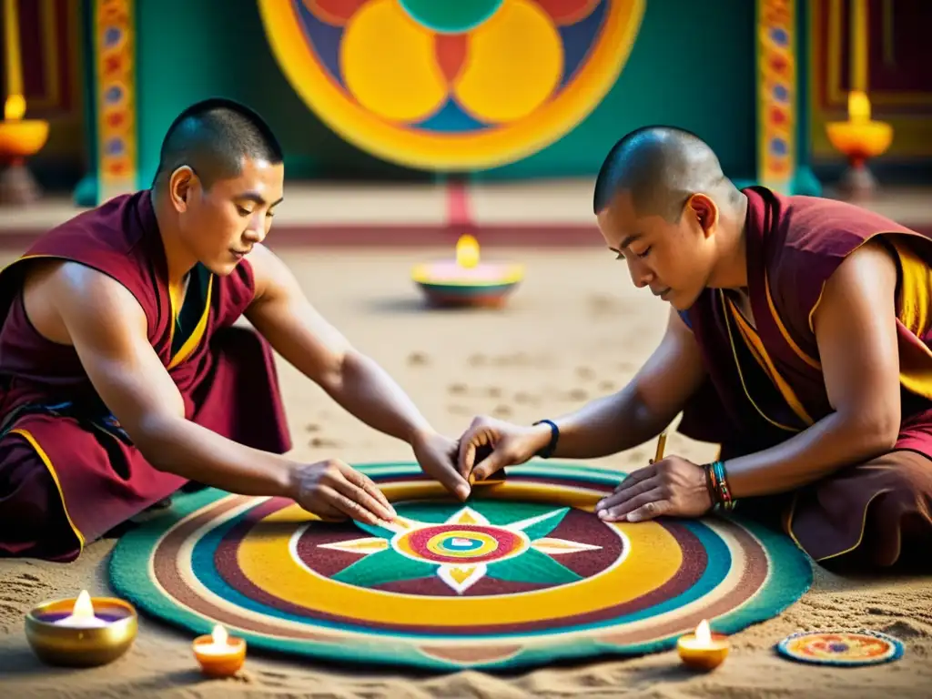 Monjes tibetanos crean un mandala de arena, mostrando el significado de los mandalas tibetanos en un ambiente sereno y ritualístico