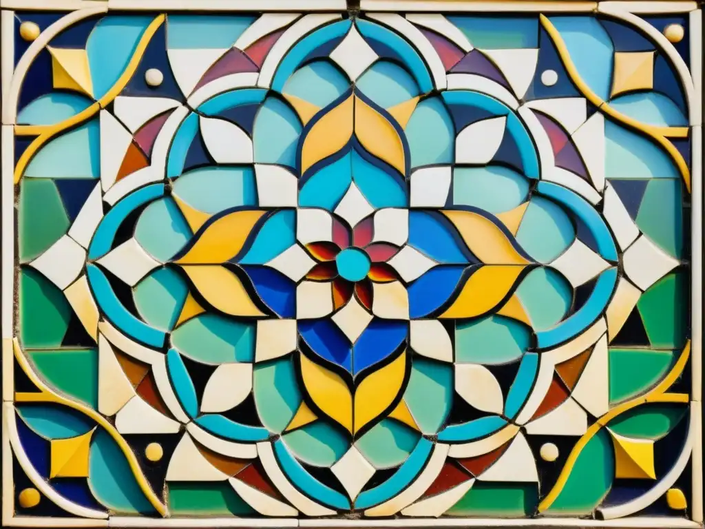 Un mosaico árabe antiguo, con colores vibrantes y patrones geométricos, resaltando la artesanía y la poesía interpretativa de la cultura árabe