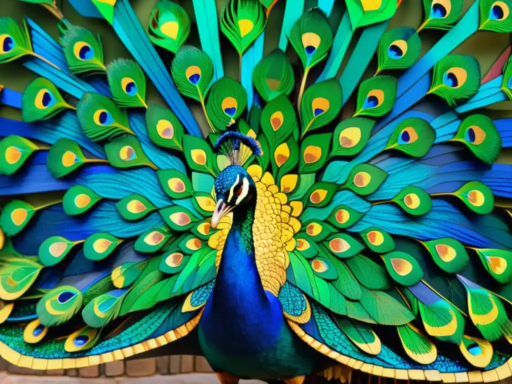 Un mosaico árabe con un deslumbrante pavo real desplegando su paleta de colores