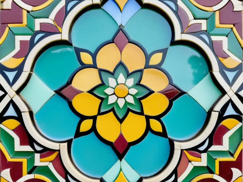 Mosaico árabe detallado con métodos antiguos de creación, resaltando la artesanía y colores vibrantes