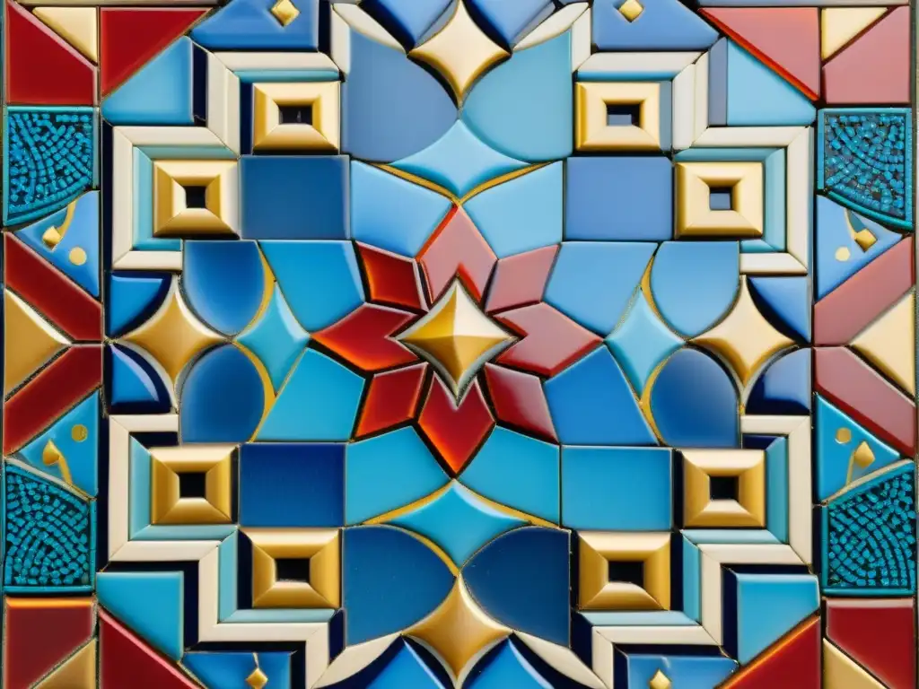 Mosaico árabe detallado con patrones geométricos en rojo, azul y dorado, reflejando la luz y simbolizando la eternidad de la cultura árabe