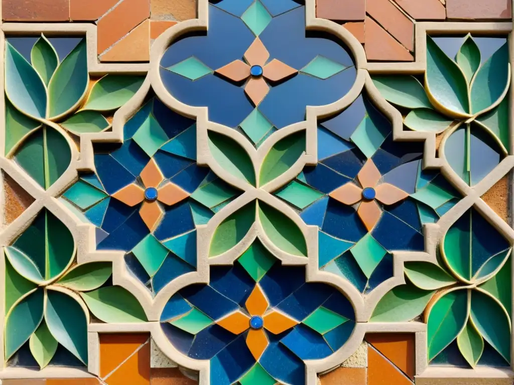 Un mosaico árabe en un patio antiguo con patrones geométricos en tonos terracota, azul profundo y verde esmeralda