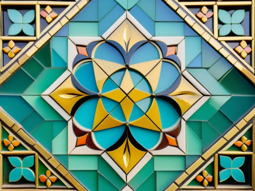 Un mosaico árabe de vibrantes patrones geométricos y motivos florales, bañado en cálido resplandor dorado