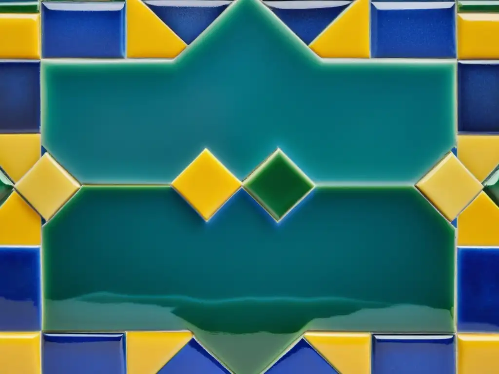 Un mosaico de azulejos Zellige en tonos vibrantes de azul cobalto, verde esmeralda y amarillo dorado, con diseños florales