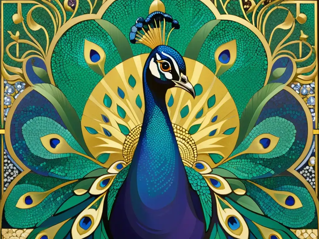 Un mosaico bizantino de un majestuoso pavo real rodeado de intrincados diseños geométricos y tesserae dorado