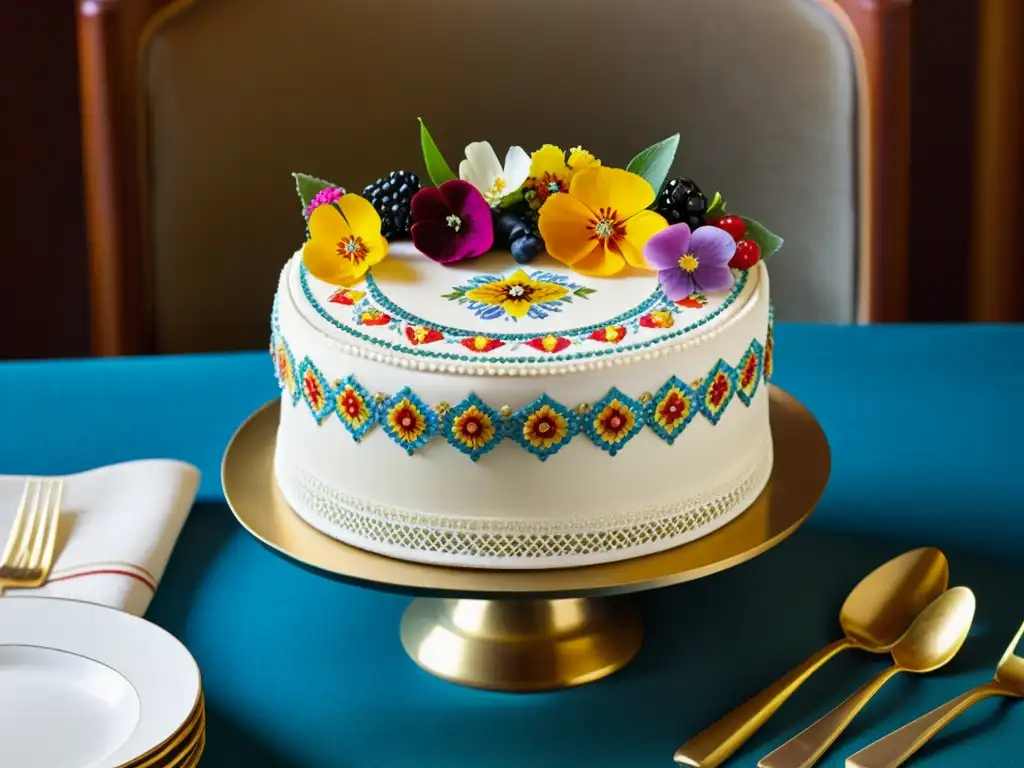 Mosaico comestible en repostería europea: una torta vintage detallada con flores y hojas de oro, evocando elegancia y encanto nostálgico