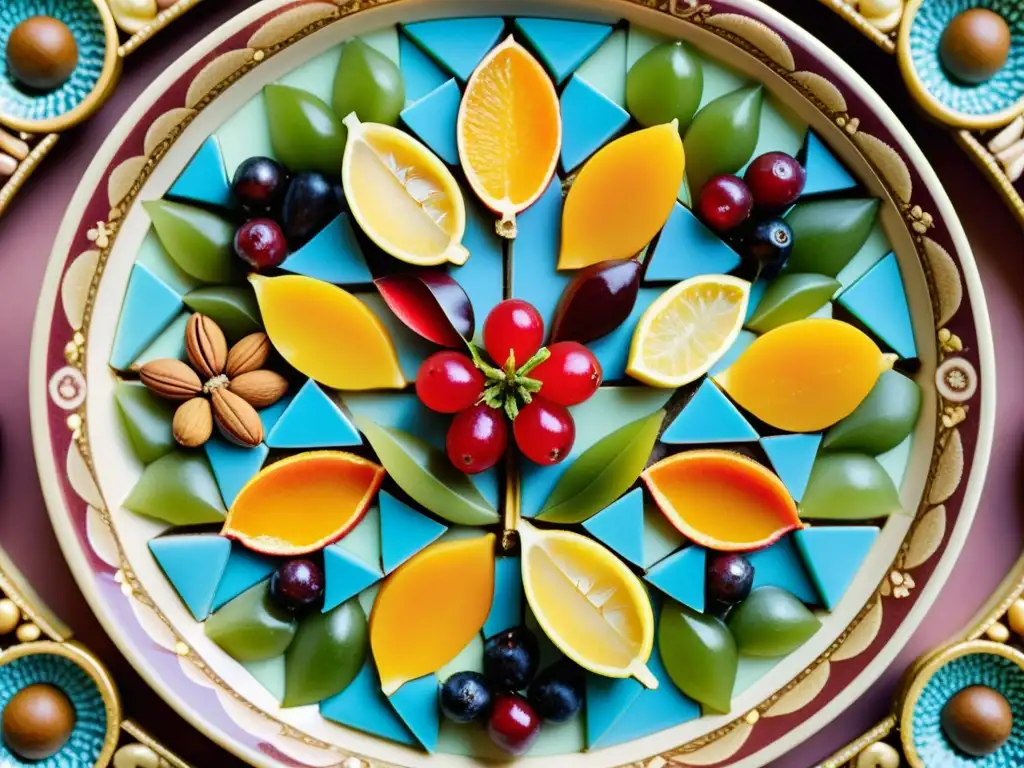 Un mosaico comestible en repostería europea, con frutas, nueces y caramelos, en una bandeja vintage