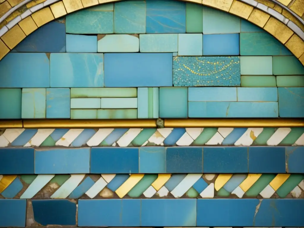 Patrón de mosaico desgastado en estructura antigua, con tonos azules, verdes y dorados