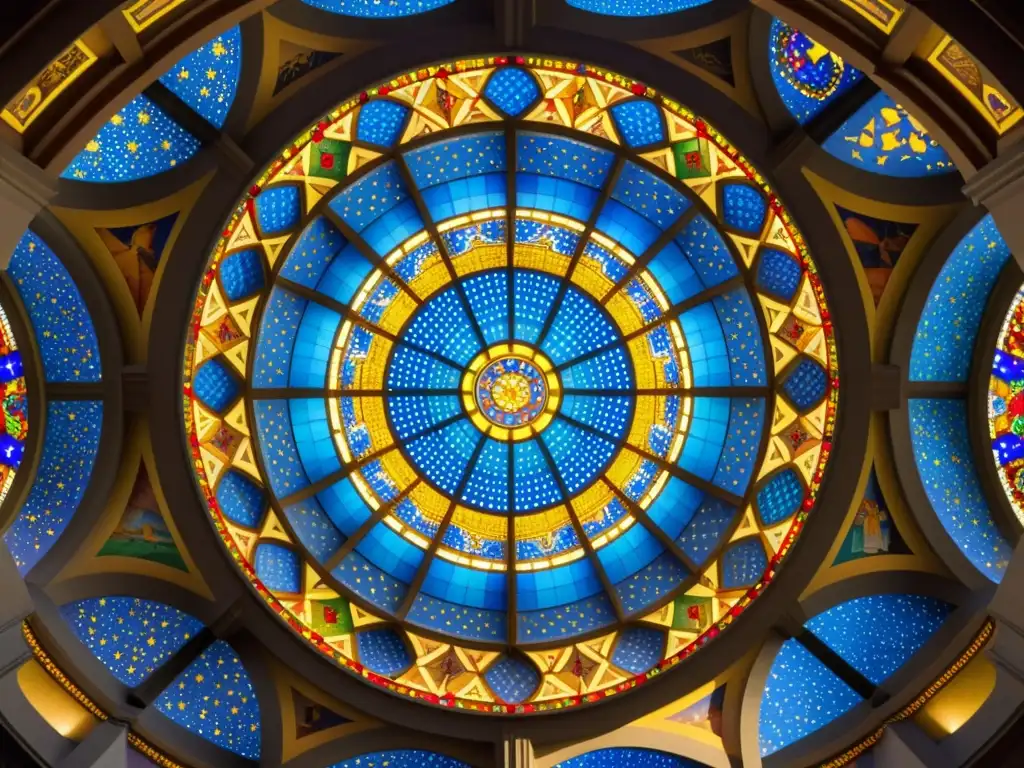 Un mosaico detallado en el techo de una catedral europea, simbolizando la importancia de los patrones culturales europeos con colores vibrantes y formas geométricas