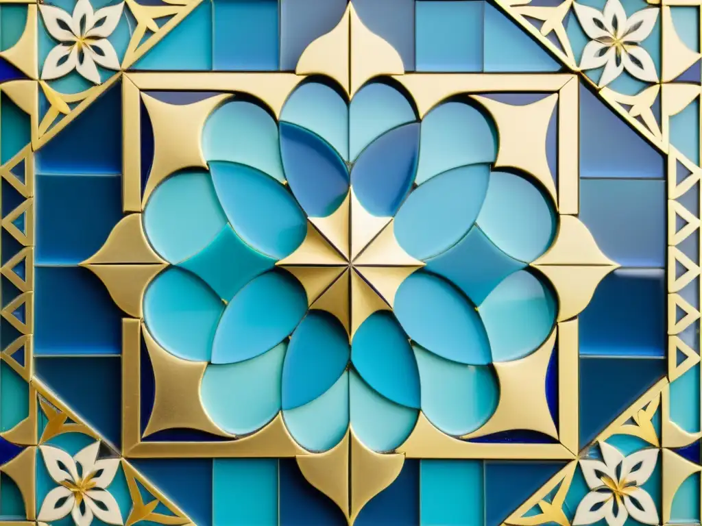 Un mosaico árabe vintage impresionante, con intrincados patrones geométricos en tonos vibrantes de azul, turquesa y oro