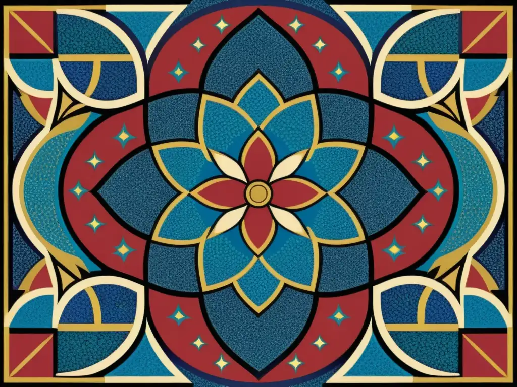 Un mosaico impresionante de patrones islámicos representación figurativa en vibrantes colores, con una complejidad y belleza atemporal