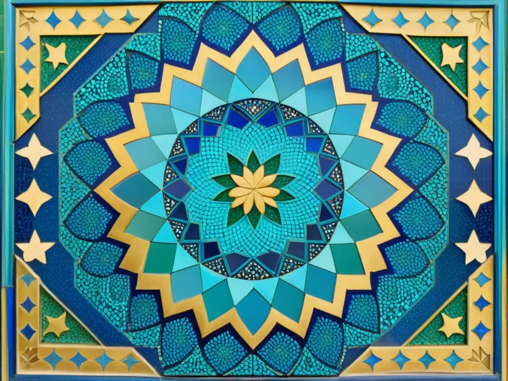 Un mosaico islámico vintage deslumbra con su complejo diseño de azulejos en tonos de azul, turquesa y dorado