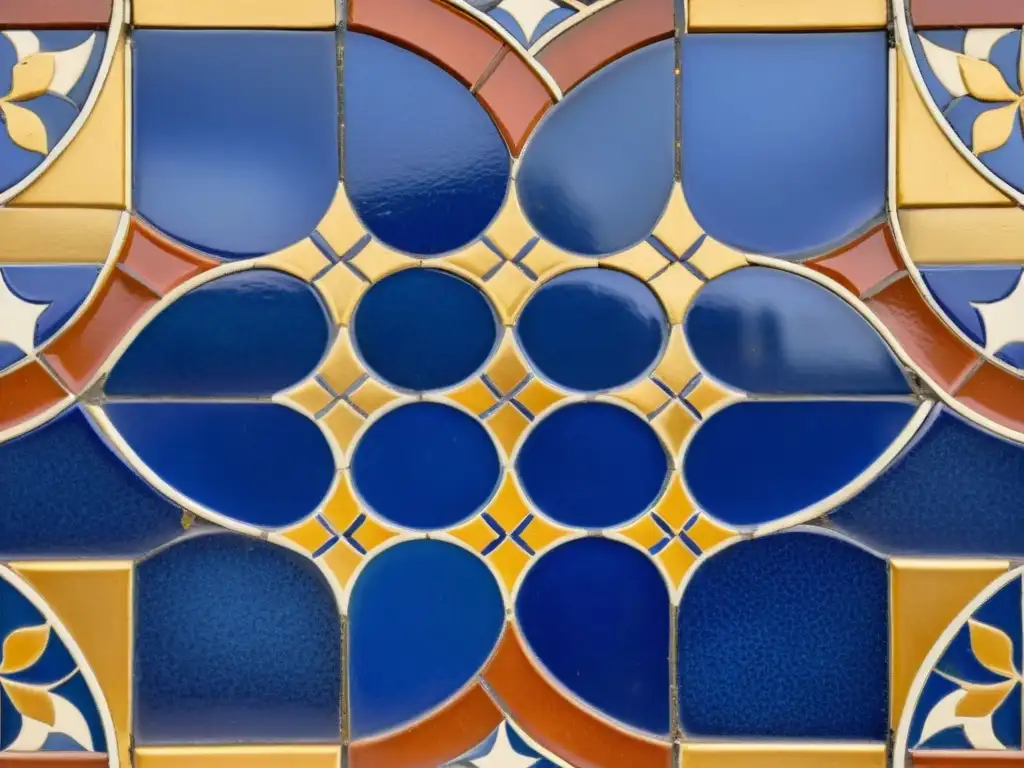 Un mosaico mediterráneo vintage con patrones intrincados en tonos de azul, terracota y dorado, evocando elegancia atemporal y artesanía