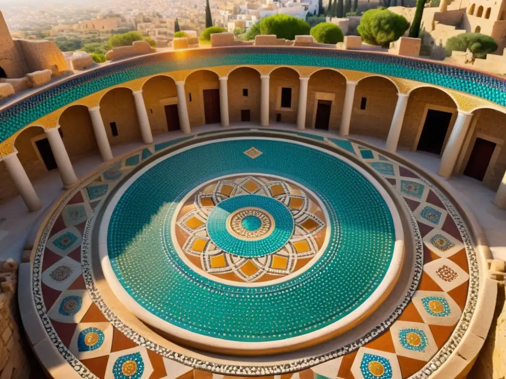 Un mosaico árabe bellamente preservado con patrones vibrantes y detallados, enmarcado por ruinas arquitectónicas