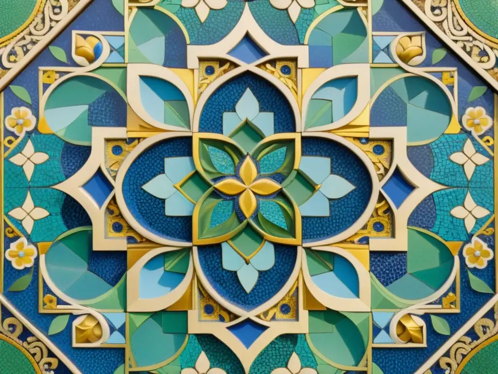 Mosaico árabe de significado oculto en vibrantes tonos de azul, verde y oro, con intrincados diseños geométricos y motivos florales