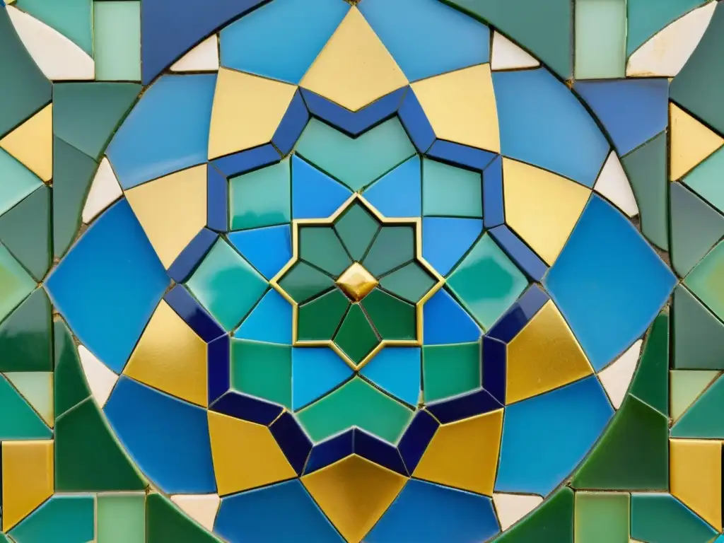 Un mosaico árabe tradicional con patrones geométricos en azul, verde y dorado