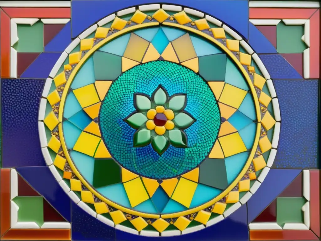 Un mosaico árabe vibrante y detallado, con patrones geométricos y colores vivos que evocan la riqueza cultural