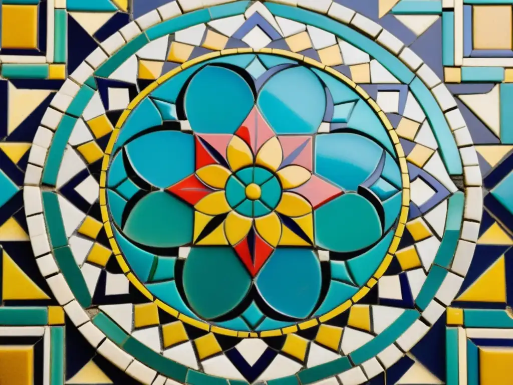 Un mosaico árabe vintage con vibrantes colores y patrones geométricos, evocando el significado del mosaico árabe y su rica herencia cultural