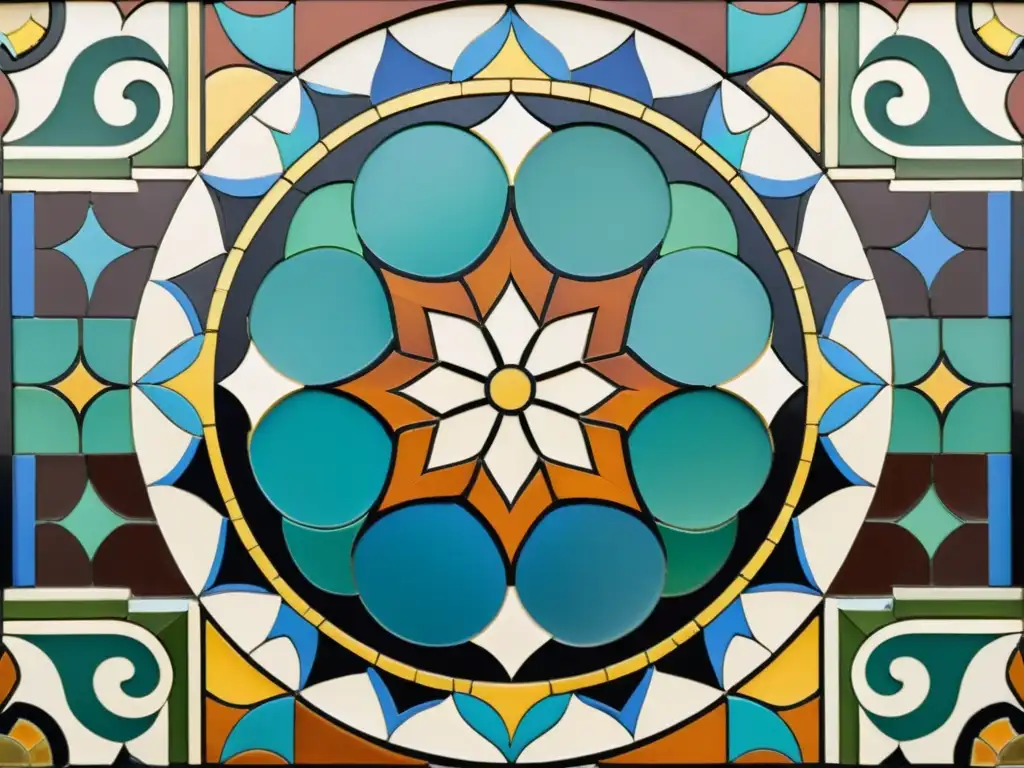 Un mosaico árabe vintage detallado con colores vibrantes y patrones geométricos, reflejando la influencia del mosaico árabe en el arte contemporáneo