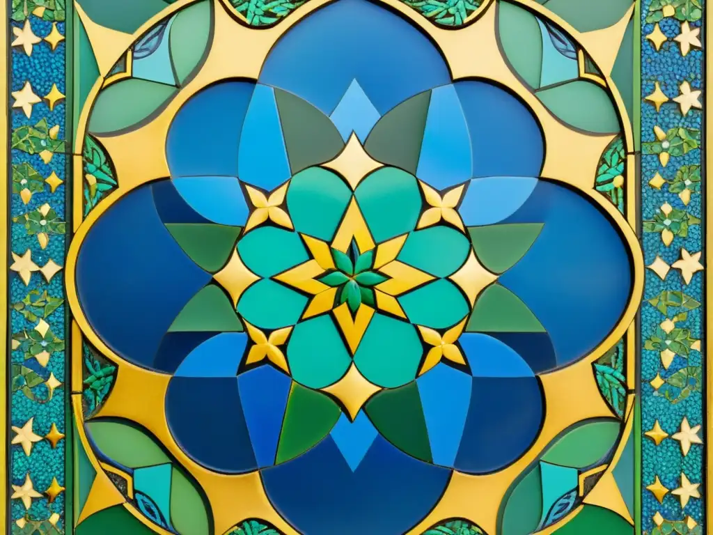 Un mosaico árabe vintage detallado con influencia religiosa, simetría y patrones geométricos en tonos vibrantes de azul, verde y oro