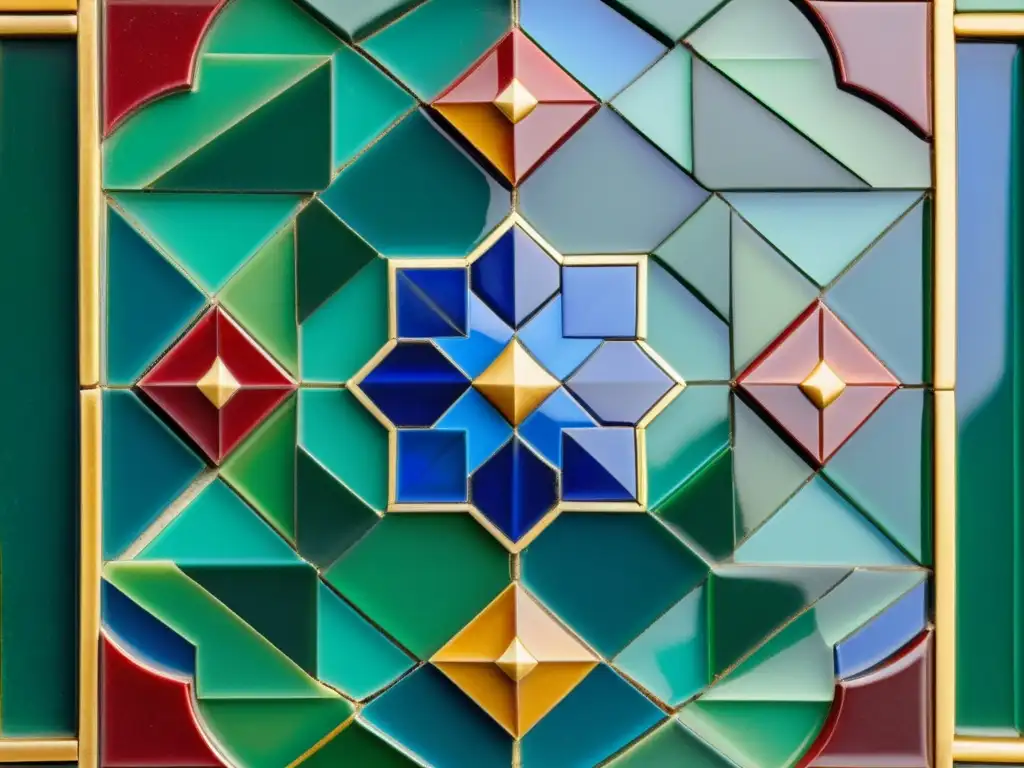 Un mosaico árabe vintage detallado con patrones geométricos y motivos florales en tonos de verde esmeralda, azul zafiro, rojo rubí y ocre dorado