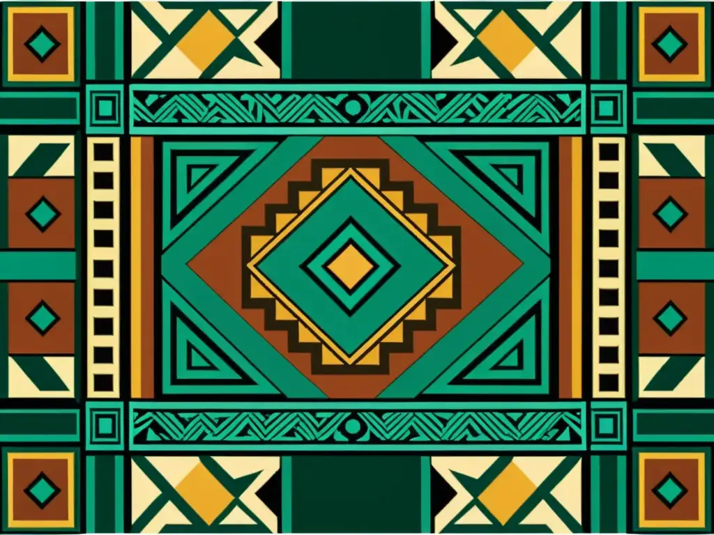 Diseño de mosaico vintage con patrones artísticos en tonos terrosos y detalles geométricos, evocando arte antiguo de las culturas azteca y maya