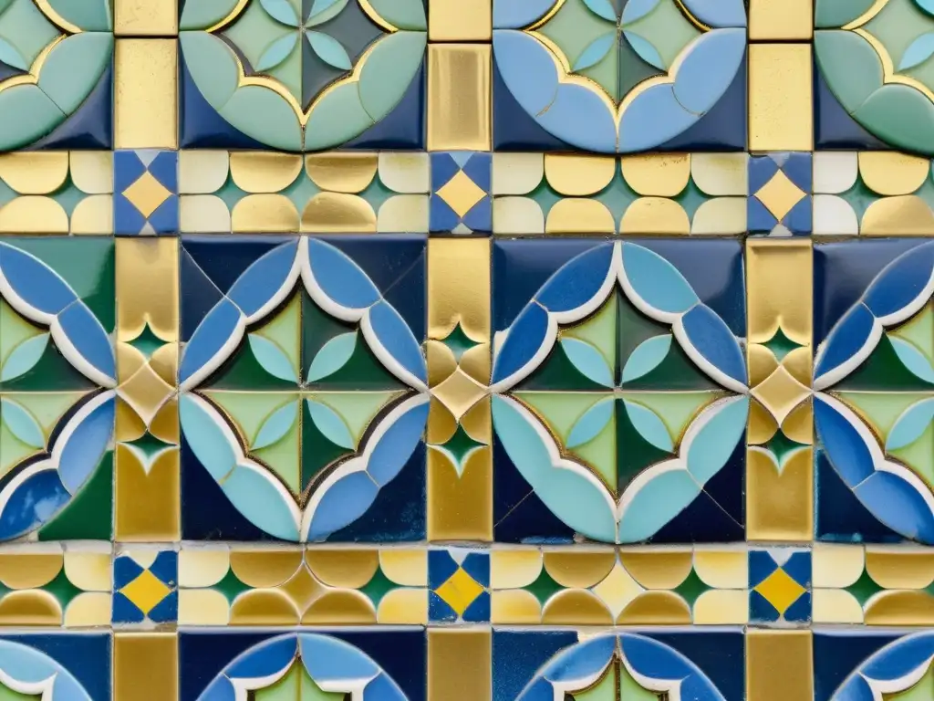 Un mosaico vintage en tonos azules, verdes y dorados con patrones geométricos