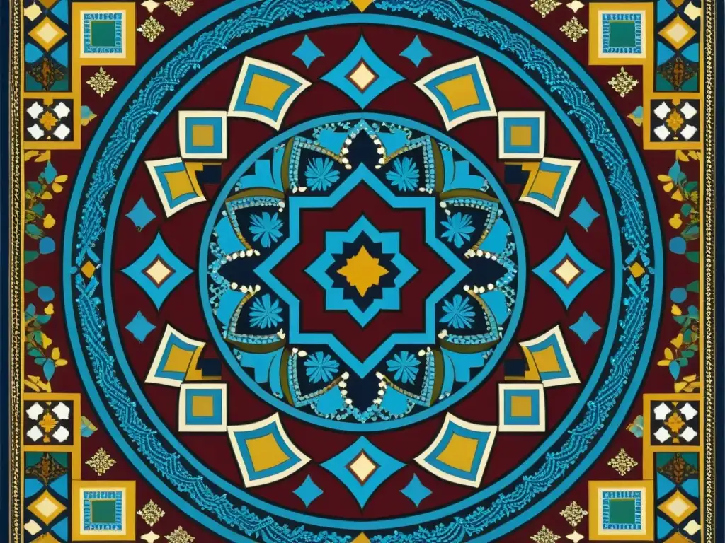 Tapiz vintage de patrones geométricos del Medio Oriente Un mosaico vintage vibrante con patrones simbólicos Primaveras Árabes en ricos colores terrosos y diseños intrincados